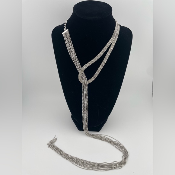 Modern Silver Mesh Lariat Necklace Rhinestone Loop Long Tassel Drop - Picture 4 of 11